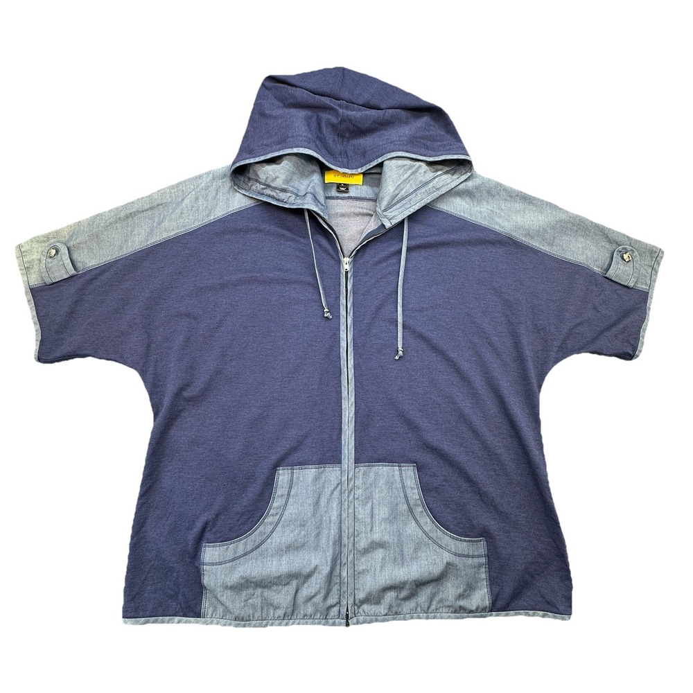 St John Yellow Label Navy Chambray‎ Trim Zip Hoodie Jacket Women XL Casual